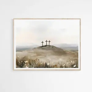 Three Cross at Calvary Poster, Jesus Crucifixion, Golgotha Hill, Christian Faith Gift