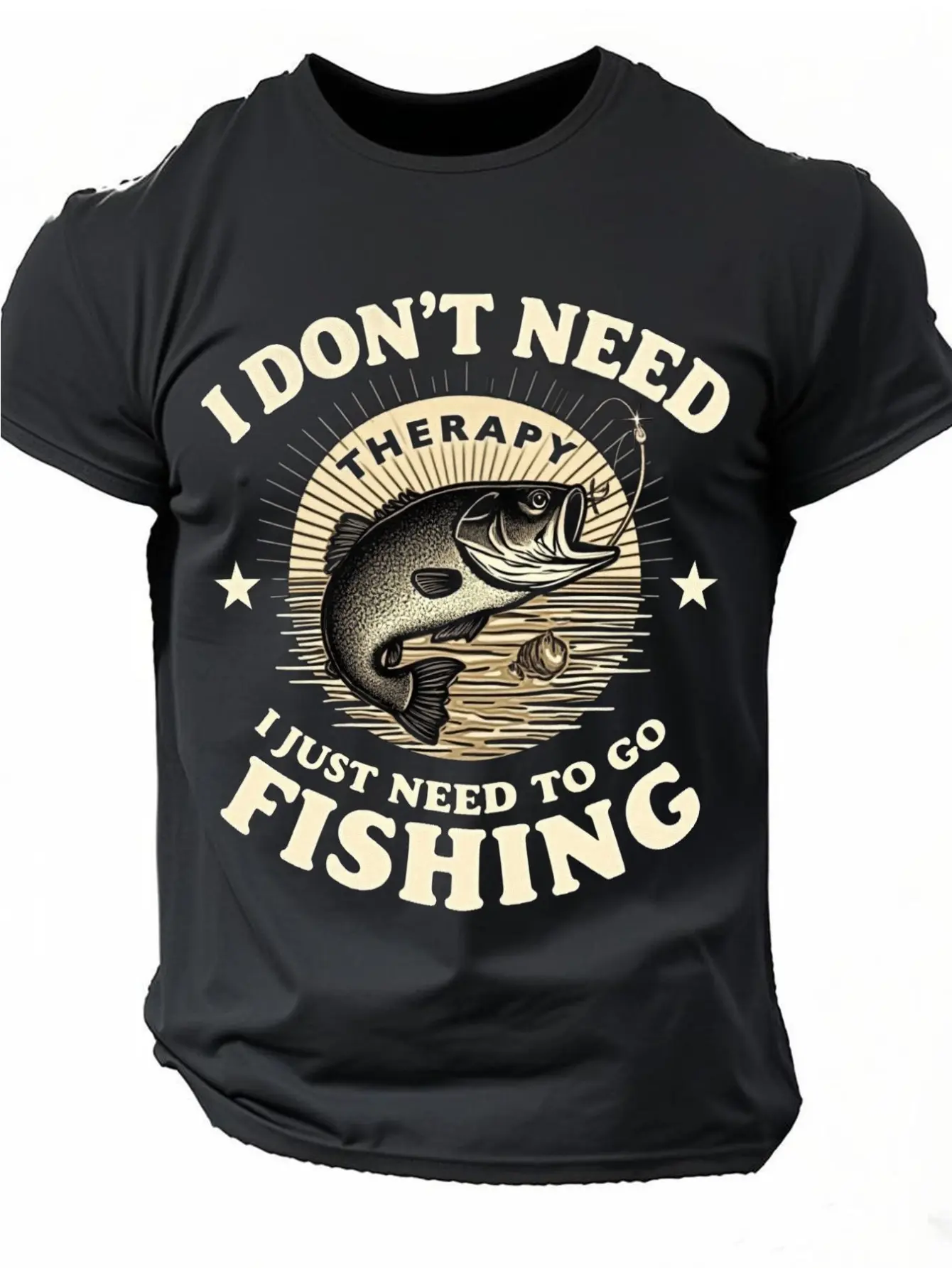 Funny Angler Therapy Slogan Outdoor Short Sleeve Top, Soft Breathable Camping Fishing Leisure Tshirt Classic Fabric Black Casual