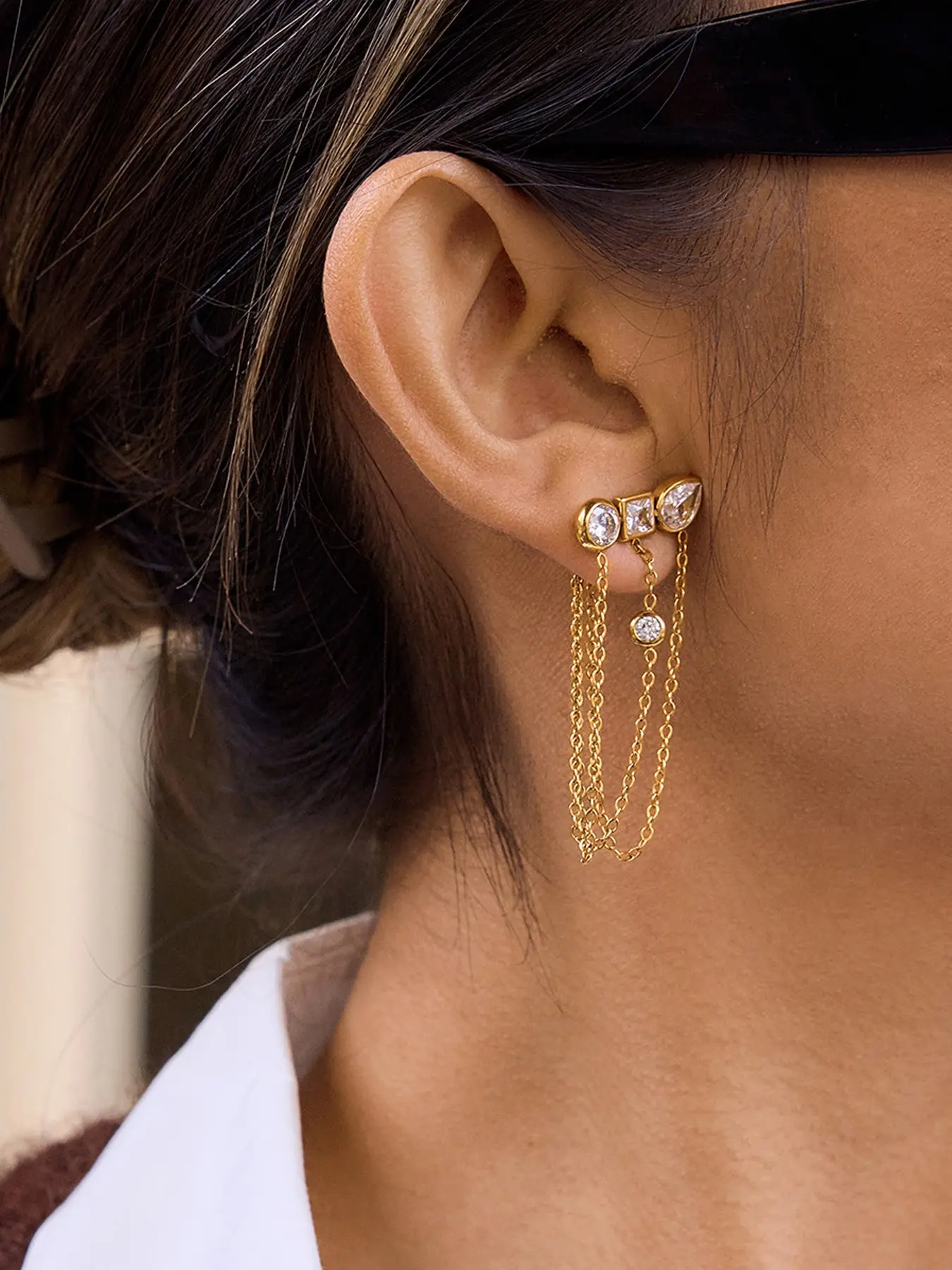 Classic 18K Plated Gold Color Square Zircon Earrings Women Fashion Chain Tassel Earring Stainless Steel Jewelry Classic Style Earrings Drop Chain Earrings