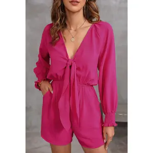 Deep V-Neck Puff Sleeve Romper