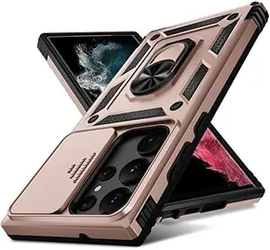 Phone Cases for Samsung Galaxy S23 Ultra Case,Heavy Duty Shockproof Full Body Protective Phone Cover,Built in Slide Camera Lens Cover+Finger Ring Stable Kickstand,Rose Golden