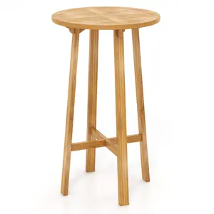 COSTWAY - 24 Inch Teak Wood Round Bar Table with Footrest for Indoors Outdoors
