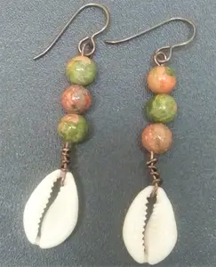 Green and Pink Unakite Cowrie Shell Earring