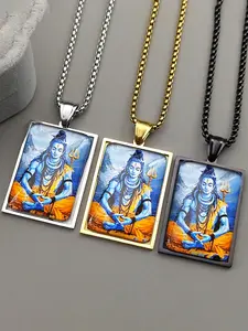 Indian Hinduism Shiva Glass Medal Pendant Necklace for Men Women Stainless Steel Gold Color Chain Hindus Amulet Gift