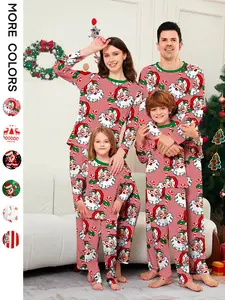 Christmas Santa Claus print Family Pajama Set, Comfortable Round Neck Long Sleeve Loungewear, Casual Home Wear for Men & Women