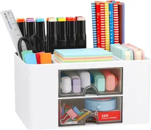 Desk Organizer with 2 Drawers – Plastic Desktop Storage Box for Pens, Pencils, Cards & Office Supplies, Vanity & School Desk Organizer, White