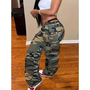 [Slim Fit] Women's Camo Cargo Pants - 100% Polyester, Slim Fit, Zippered Pockets - All-Season, Casual Wear