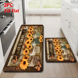 2pcs/3pcs Flannel Kitchen Mat Set, Vintage Wood Grain, Sunflower Butterfly Motif, Non-Slip, Absorbent, Home Decor, Kitchen Area Rug