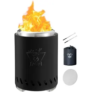 Tabletop Fire Pit Low Smoke Camping Stove for Outdoor Patio, Safe Clean Burning Table Top Firepit using Pellets or Wood, Portable Mini Flame Heater for Ambience and Relaxation with Travel Bag 2 Mini Sticks and Fireproof Mat (9.7 x 7.1 in Black)