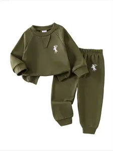 Little Boys Casual Lounge Set, Green Long Sleeve Sweater Top and Matching Pants, Raglan Style, Ribbed Hem Design, Cozy Outfit for Home, Outdoor Play and Travel
