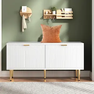 Garvee Modern White Wooden Shoe Storage Bench for Entryway with Striated Closet Design, Compact Mudroom Seating and Organized Storage for Hallway, Vestibule, and Front Door