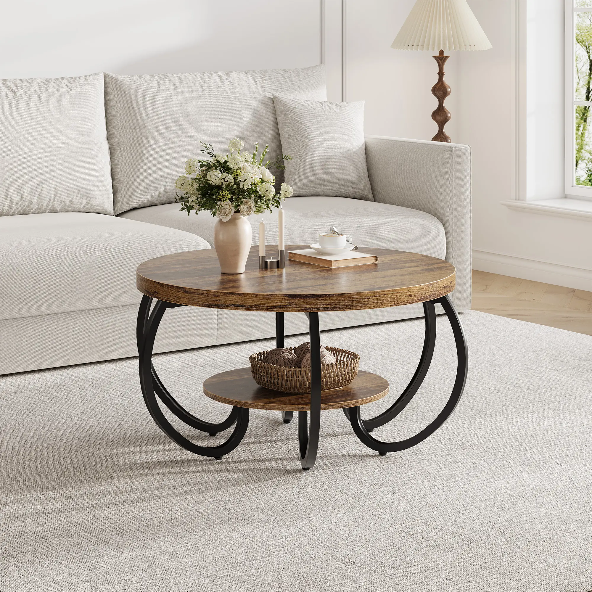 30" Round Coffee Table, 2-Tier Industrial Center Table with Storage Shelf and Fishbone Pattern, Curved Metal Legs for Stability, Industrial Farmhouse Style, Compact and Easy to Assemble, Ideal for Living Room, Apartment
