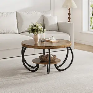 30" Round Coffee Table, 2-Tier Industrial Center Table with Storage Shelf and Fishbone Pattern, Curved Metal Legs for Stability, Industrial Farmhouse Style, Compact and Easy to Assemble, Ideal for Living Room, Apartment