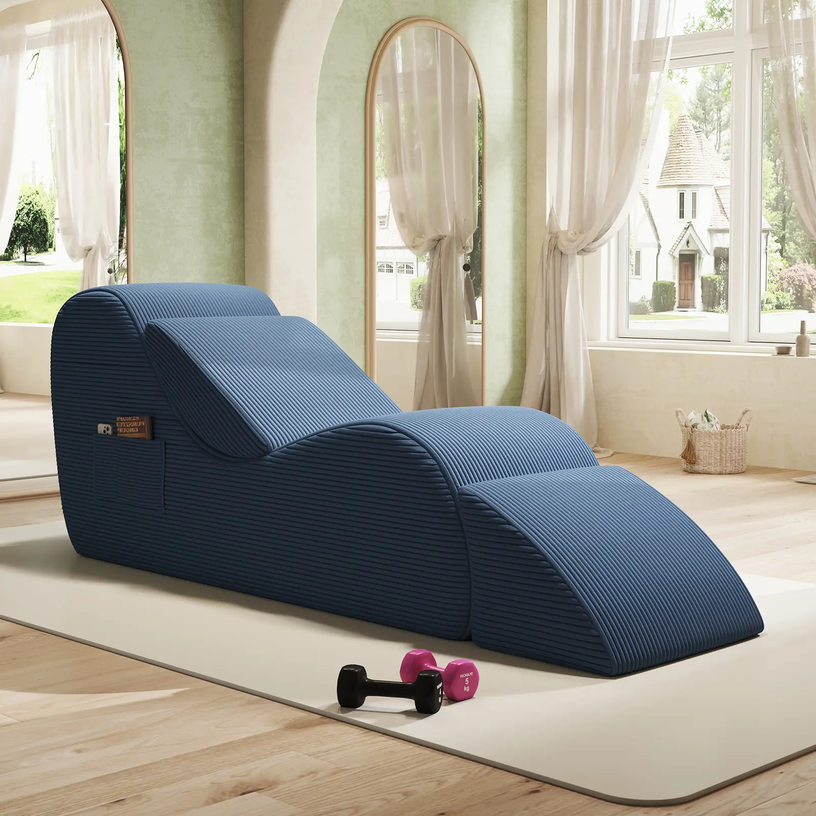 Ergonomic Chaise Lounge Chair with Ottoman, Soft Foam Floor Chair with Detachable Lumbar Pillow & Side Pocket, No Assembly Needed, Perfect for Yoga, Stretching & Relaxation, Summer Deal