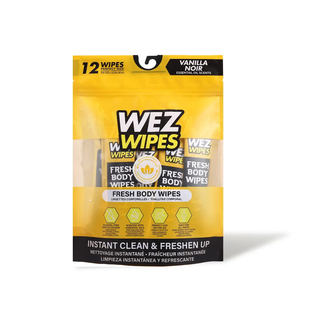 WEZ WIPES Vanilla Noir Fresh Extra Large Body Wipes | 12 Alcohol-Free Biodegradable Body Cleansing Wipes with Essential Oil Scent | No Rinse Bath Wipes for Gym, Travel, Camping & On-the-Go
