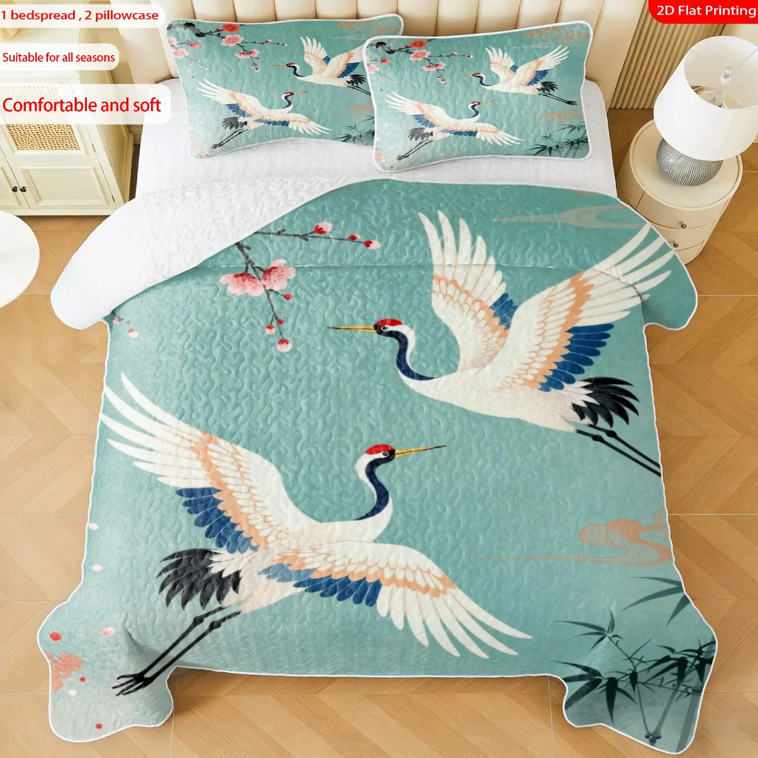 3pcs, 2D flat print Chinese style bed cover set with crane and plum blossom theme, multiple sizes available, bedding set, festive decorative bedding, ideal for bedroom décor(1 bedspread , 2 pillowcase)