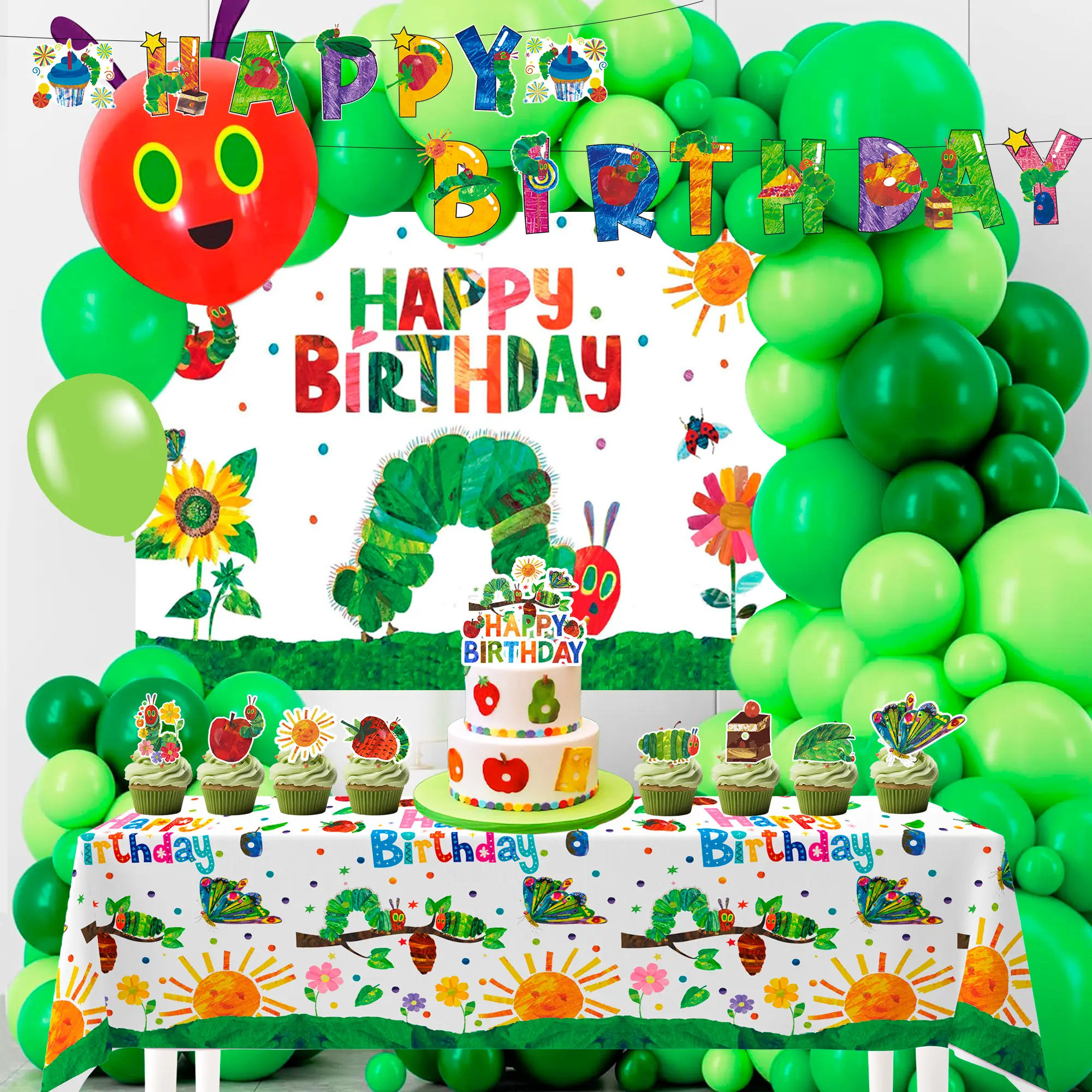 92pcs Hungry Caterpillar Birthday Decorations Set Including Hungry Caterpillar Background Banner Cake Decorations Balloons etc Hungry Caterpillar Decorations