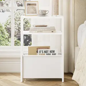 Narrow Side Table with Magazine Rack, 3-Tier Slim End Table for Small Spaces, Skinny Bedside Nightstand with Storage Shelf & Fabric Basket, Sofa Couch Table for Living Room & Bedroom, White writing flexible