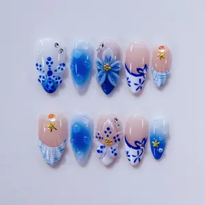 Fullovenail Almond Shape Blue Ocean Mermaid Shell Print 3D Flower Handmade Press on Nails Acrylic Gel System