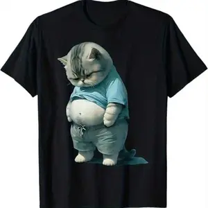 Men's 100% Cotton Short Sleeve Round Neck Casual Loose Simple Cat-Themed Graphic T-Shirt, Soft Comfortable All-Season Menswear Top, Ideal Personalized Gift for Men