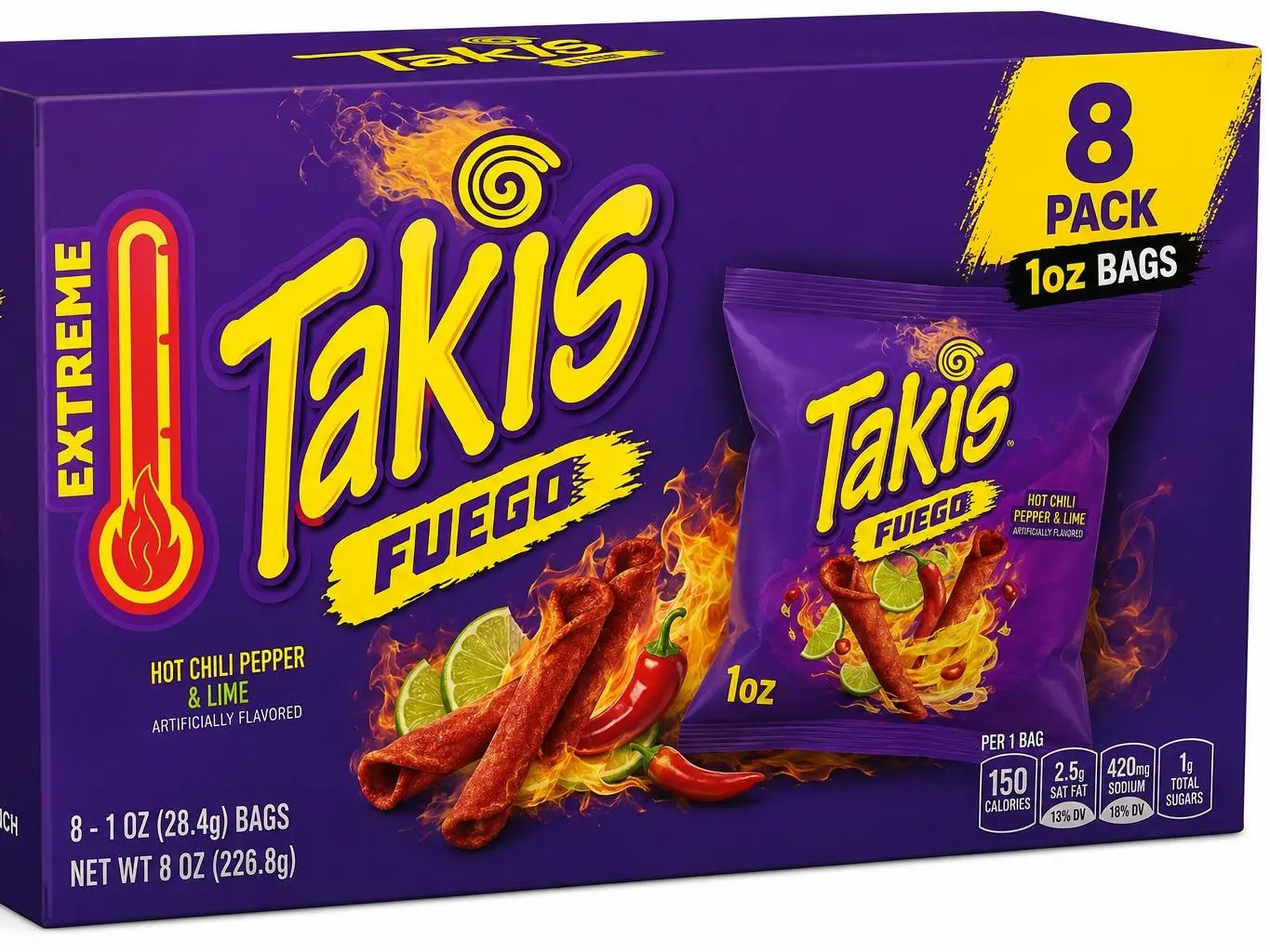 Spicy Rolled Tortilla Chips, Hot Chili Pepper & Lime Flavor, 1 oz Individual Snack Bags, 8 Count Multipack
