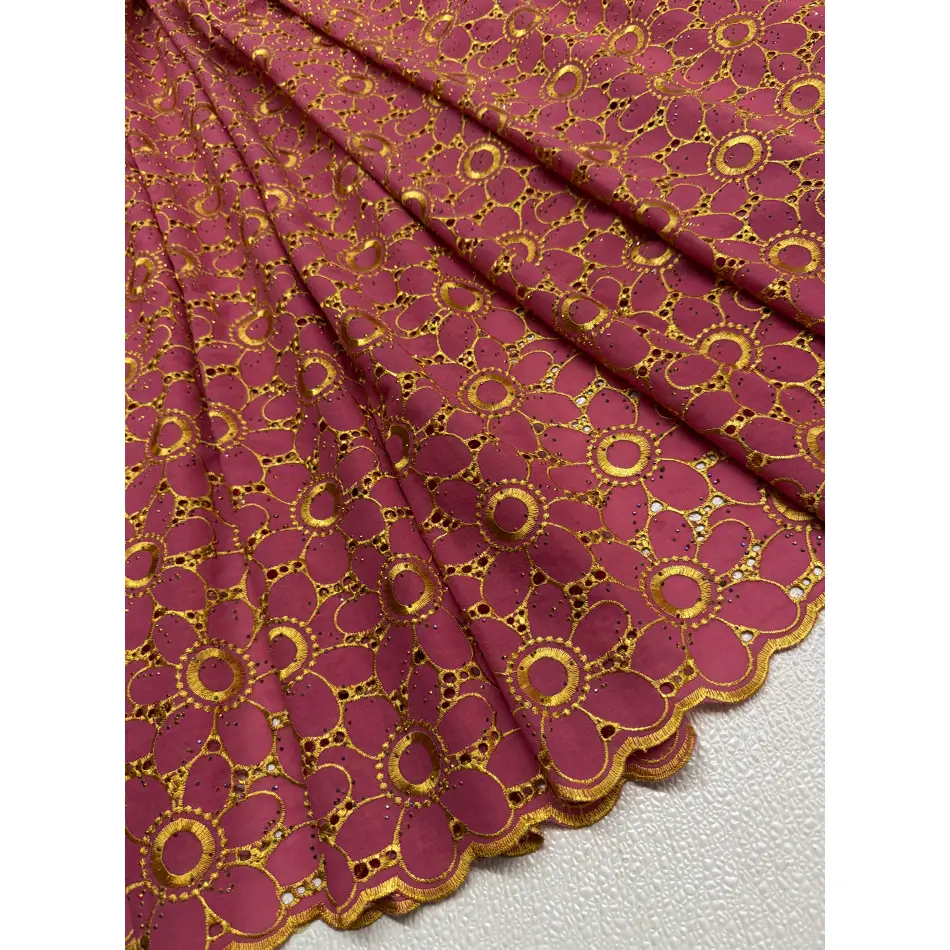 Swiss Cotton Voile Lace Fabric with Shimmering Stones - Pink & Gold, 5-Yard Piece Sewing Supply for Room Decor, Special Events