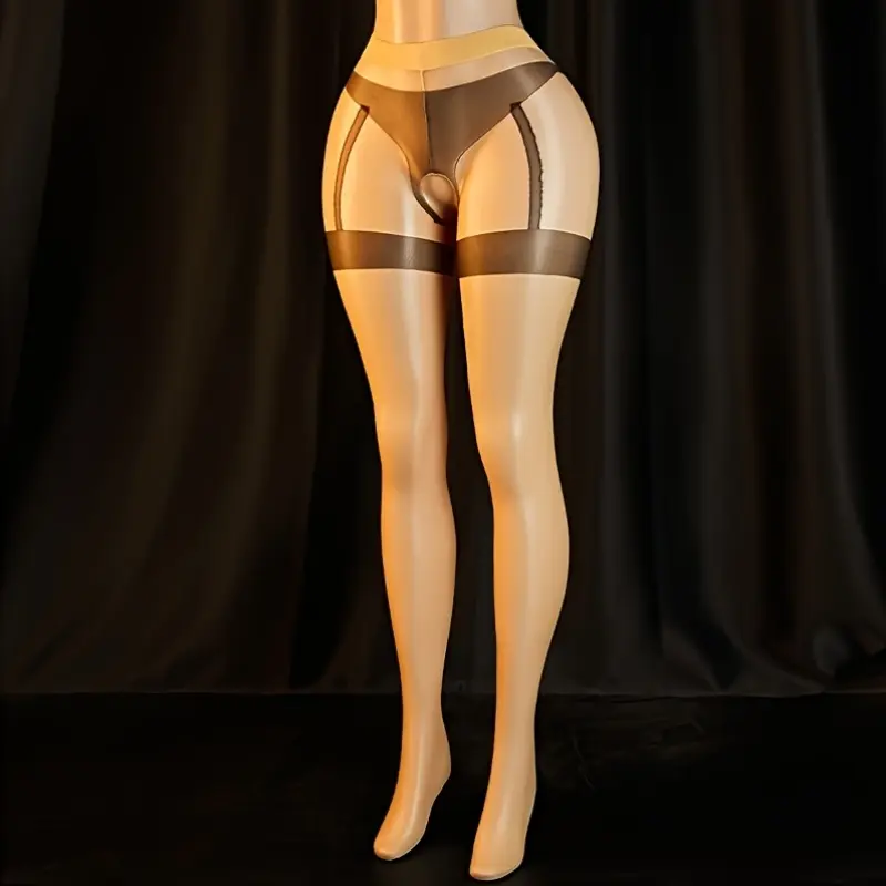 [Open-Crotch Stockings] Women's Lady Sheer Fishnet Long Thigh-High Suspender Bodysuit - Easy-Remove Lingerie, Bold Exotic Alluring Underwear for Dates