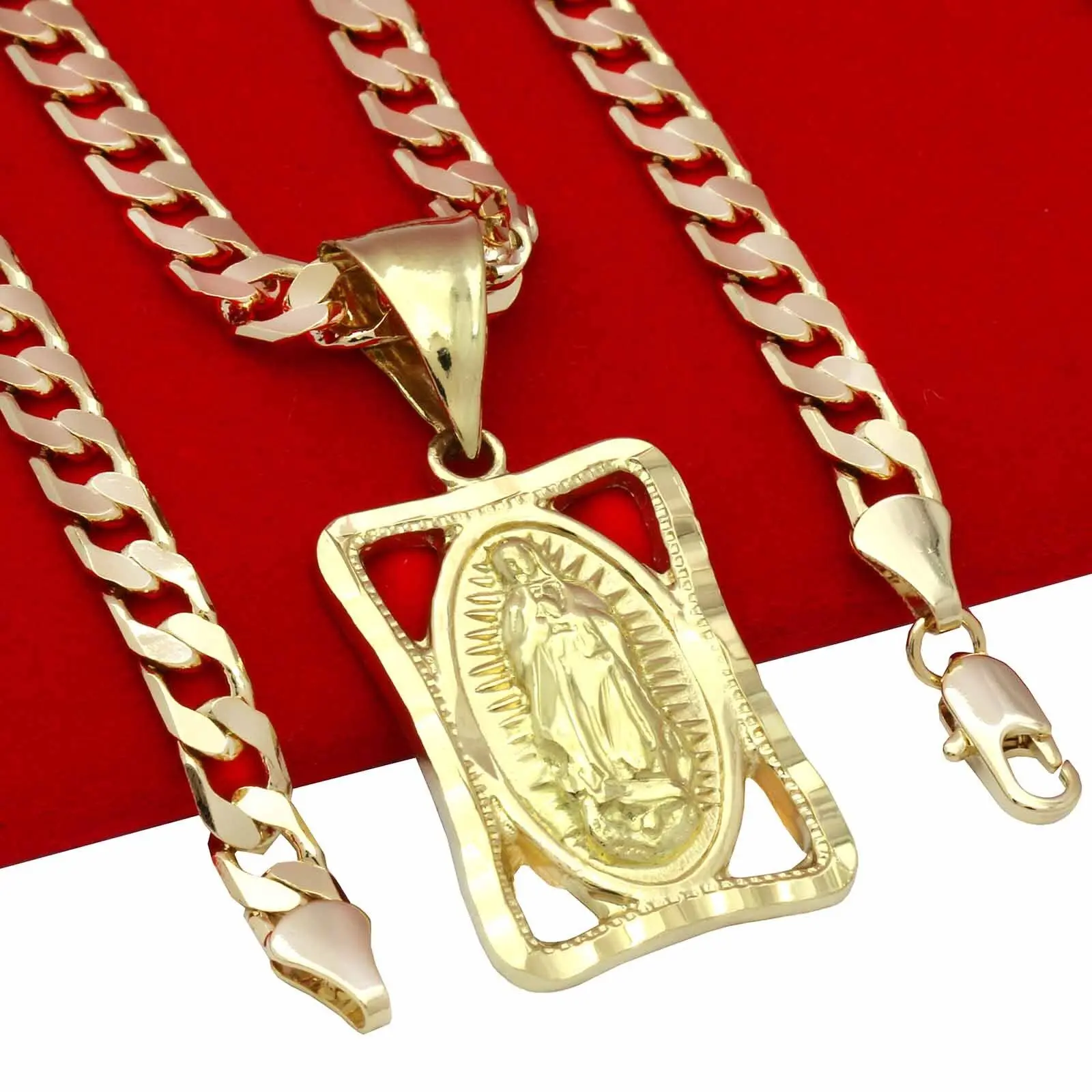 MaxBling81 Virgin Mary Guadalupe Holy Religious High-End Pendant Necklace, 14K Stamped 5mm Cuban Chain (20" or 24" Brass) for Hip Hop Fashion Costume Jewelry