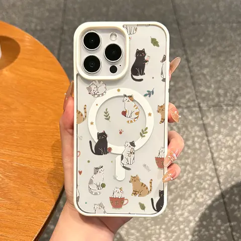 VYD SohoChic Cute Cat Pattern Magnetic Silicone iPhone Case - Cover for iPhone 18,17,16 E Pro Max,15 Plus,14,13,12,11 Pro Max Plus, Shockproof, Lightweight, Scratch-Resistance, Girly Women's Phone Accessories with Protector