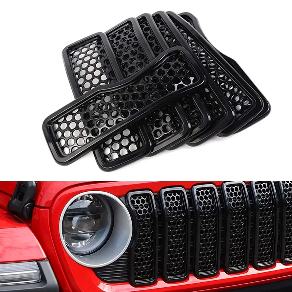 Front Honeycomb Mesh Grille Body Kit Accessories for 2024+ Jeep Wrangler JL/Gladiator JT, High-Quality ABS Car Exterior Decal with Camera Inserts Trim, UV-Resistant, Scratch-Resistant Coating, Easy DIY Installation