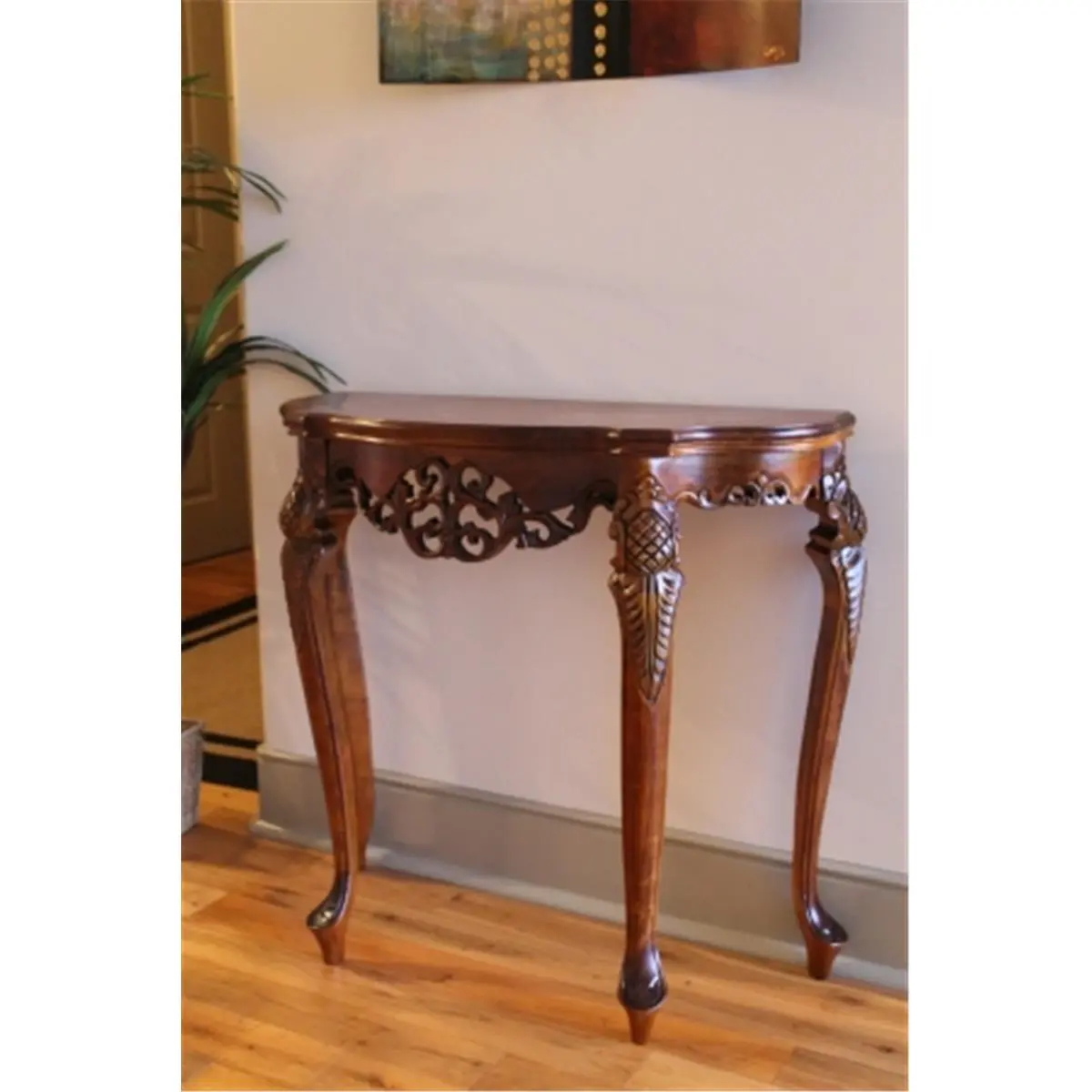 212 MAIN Brown Mahogany Half Moon Wooden Modern Console Table - Hand Carved Queen Anne Style, Flat Back, Indoor Living Room Furniture Table