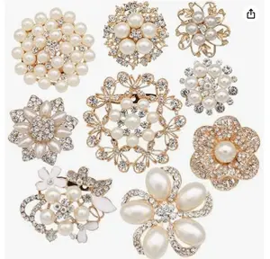 9pcs Rose Golden Tone Rhinestone brooches, Big Pearl Crystal Wedding Bouquet kit Set, Great For Birthday, Party, Christmas, Thanksgiving, Wedding Anniversary