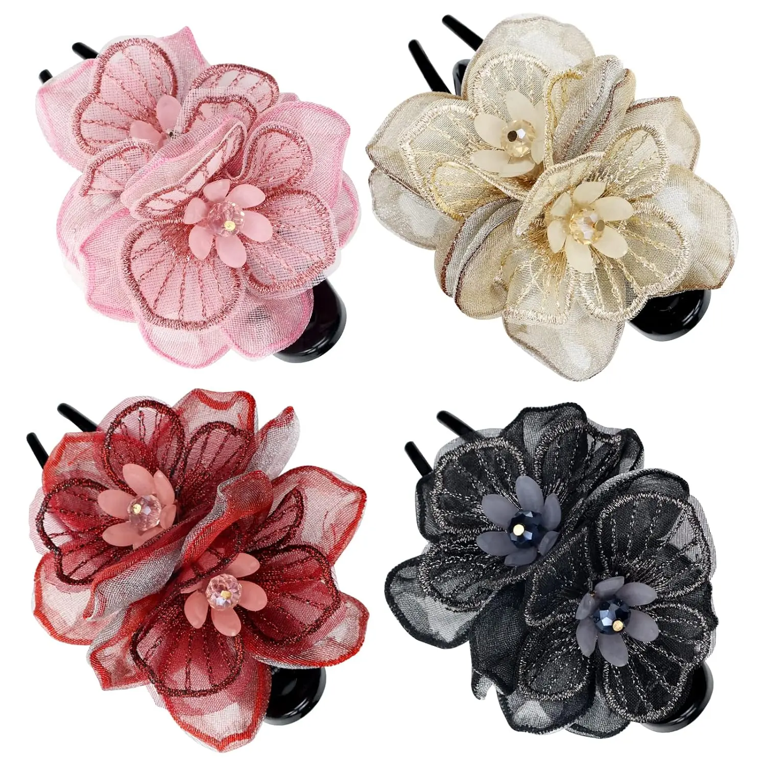 4 Pack Mesh Embroidery Flower Duckbill Plastic Hair Clips Claw Barrettes Hairgrips Bun Twist Hairclips Ponytail Hair Holder Accessories Hair Flower for Women Girls