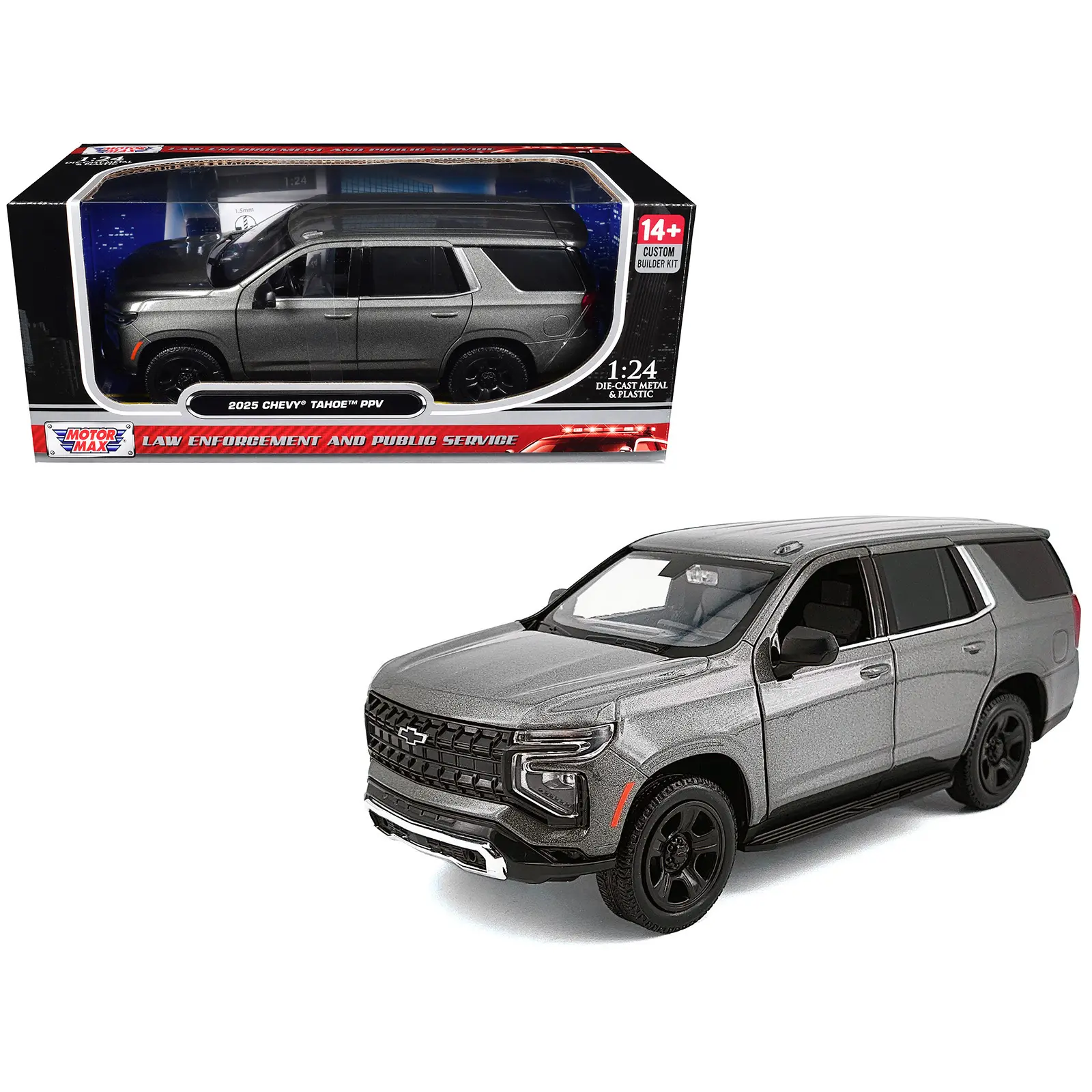 2025 Chevrolet Tahoe PPV Dark Gray Metallic "Custom Builder's Kit" 1/24 Diecast Model Car by Motormax