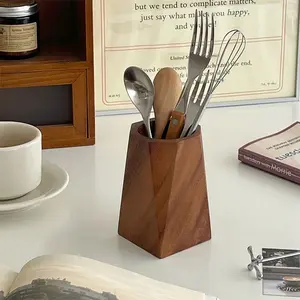 Vintage Walnut Wood Utensil Fork Storage Holder, Desktop Real Wood Pen Holder Makeup Brush Eyebrow Pencil Organizer Bucket