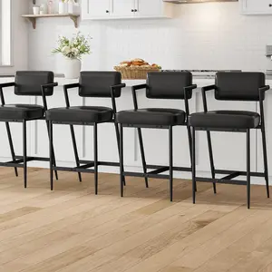 YJ-Garvee Set of 4 Counter Height Bar Stools with Armrests,4 pcs chairs, Backrest, Footrest, Thick Cushion, and Reinforced Metal Legs for Kitchen Island, Counter Bar in Rustic Black Finish