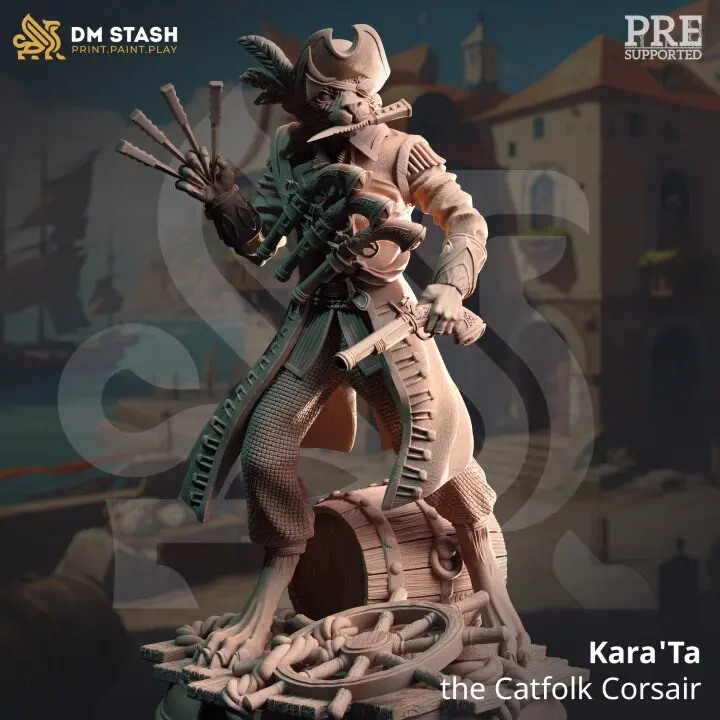 Kara'Ta the Catfolk Corsair 3D-Printed Resin Miniature - Crown Detail, Anthropomorphic, Armor Set Character Figure Miniatures for DM Stash Home Decor Statue, Crown Detail Miniatures