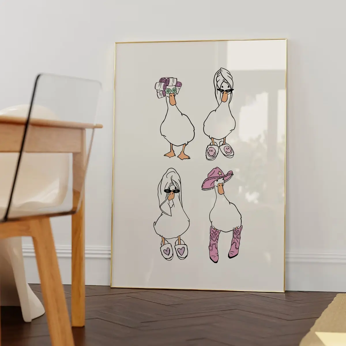 Bathroom Cute Ducks Towel Cowboy and Curlers *it girl* Art Print White and Pink *SHOWER HEAD* Trendy Printable Wall Art Decor Artwork