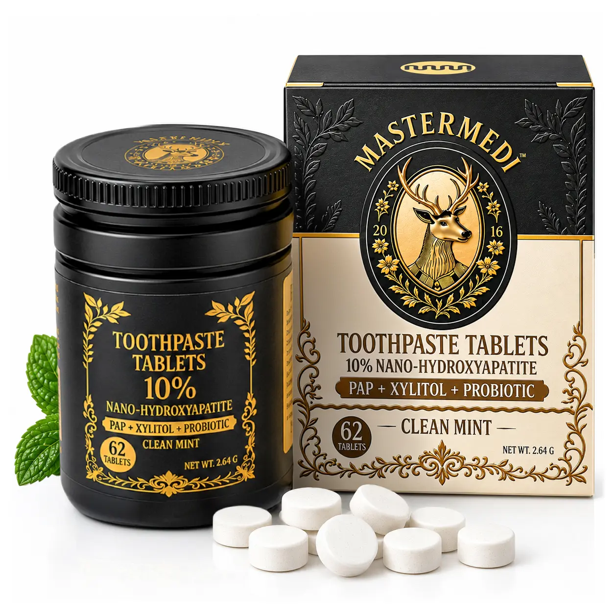 MasterMedi Toothpaste Tablets with 10% Nano-Hydroxyapatite (nHa) | 62 Tablets | Fluoride Free & SLS Free Toothpaste | Chewable Toothpaste Tablets for Teeth Cleaning | Peppermint Flavor