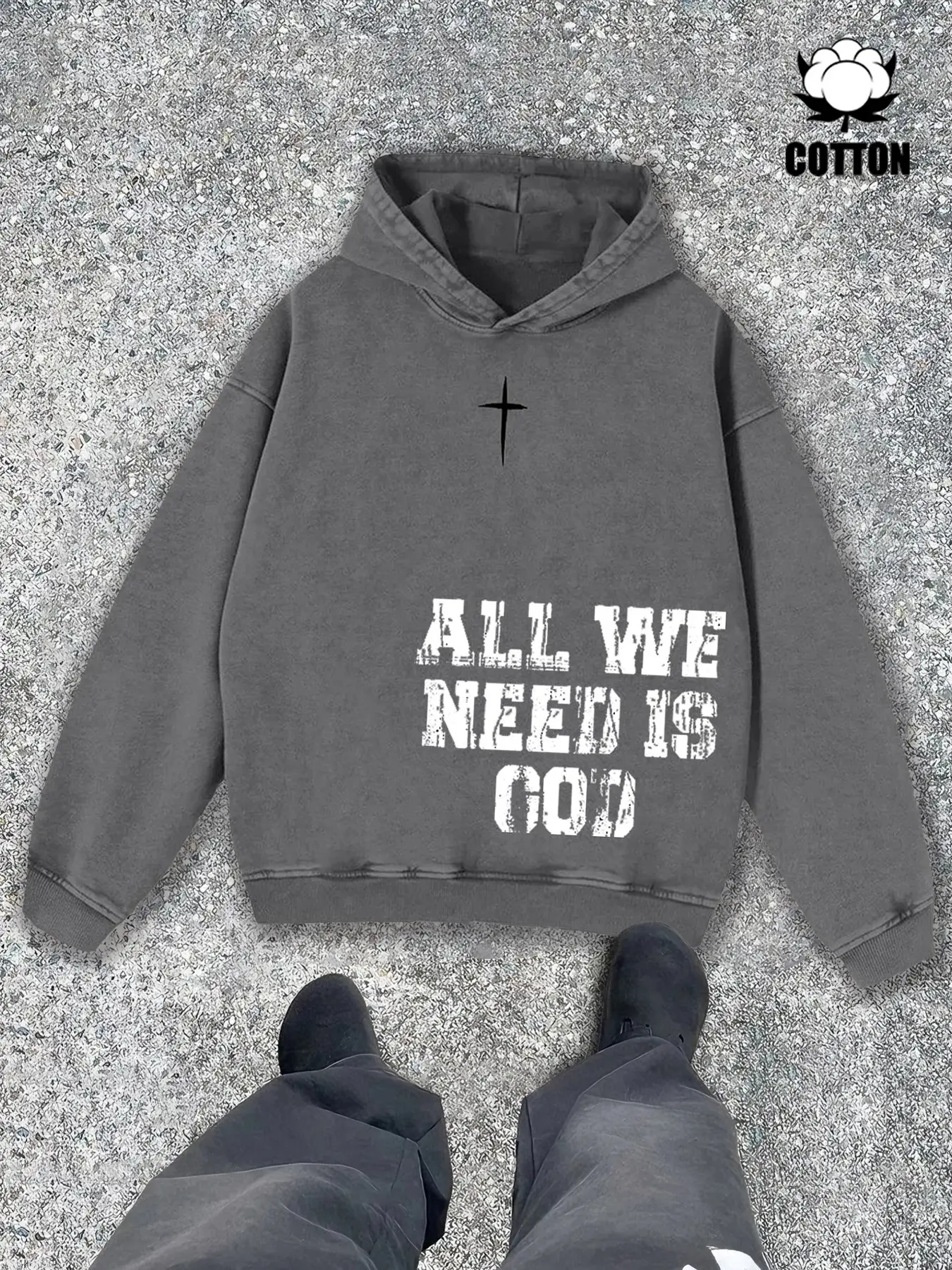 Unisex Vintage Washed cotton Hoodie, All We Need Is God Slogan, Cross Print, Casual Long Sleeve, Fall & Winter, Street Style American street style hoodie with religious theme, matching couple outfit, men's loose sweatshirt gift, Graphic Print Hoodie