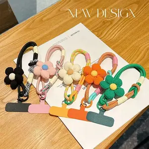 Dopamine short rope phone hanger strap, wrist strap, colorful card keychain, anti-loss, cartoon-style, cute flower design, phone strap, Phone Strap Holder