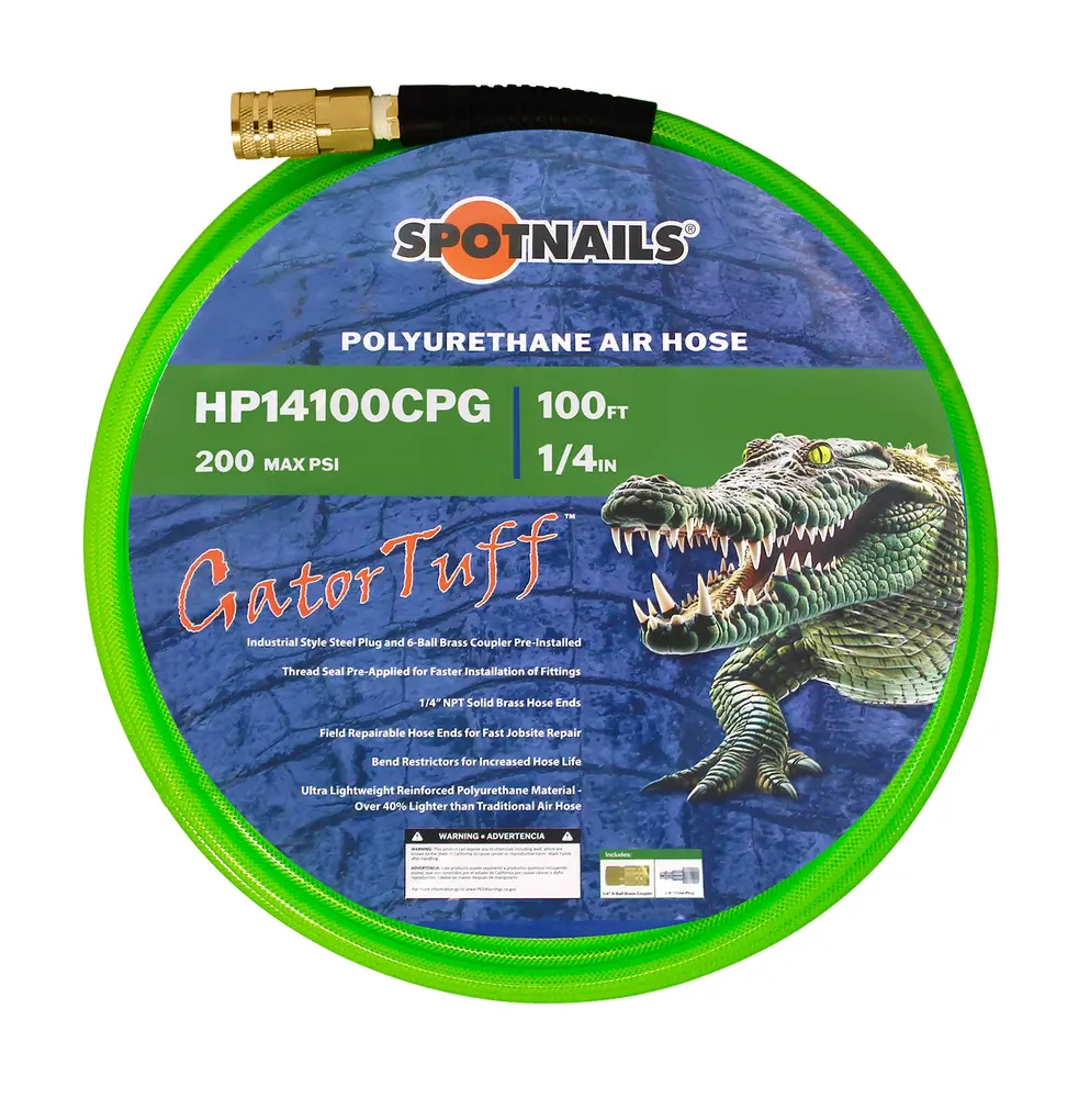 Spotnails (HP14100CPG) Heavy Duty Reinforced Polyurethane Hose, 1/4 inch x 100' Green Poly Hose with Pre-Installed 6-Ball Brass Couplers, Abrasion Resistant Outer Cover, Bend Restrictors, 200 PSI Max, Flexible Temp Compatibility