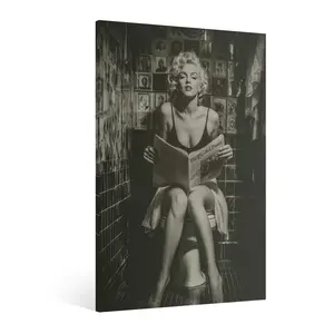 Marilyn Monroe Sitting on Toilet Reading Newspaper Framed and Unframed Canvas Wall Art, Vintage Black and White Photography Print for Bathroom Decor