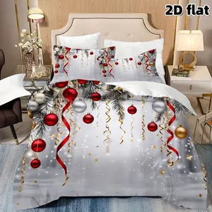 2D Flat 3Pcs Christmas Decor Duvet Cover, Red Silver Gold Ball Tree Theme Bedding, Soft Microfiber (1 Cover+2 Pillowcases, Unfilled), Winter Holiday Decorations for Bedroom Home Decoration, Gift