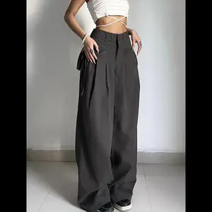 Must-Have Korean Retro Pants! Women's Gray Basic Wide Leg Trousers with Shirring Waist | Y2K Casual Office Lady Streetwear