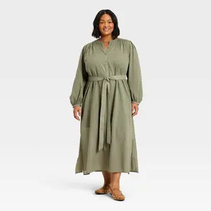 Women's Balloon Long Sleeve Collared Neck Maxi Shirtdress - Universal Thread Olive Green 4X