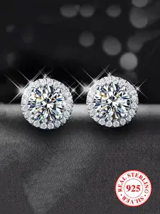 S925 Sterling Silver Round Shaped Zirconia Decorated Earrings, Fashionable Jewelry for Women & Men, Trendy All-match & Exquisite Jewelry for Birthday Gift, High Quality Earrings