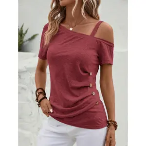 Asymmetrical Neck Button Detail Tee
