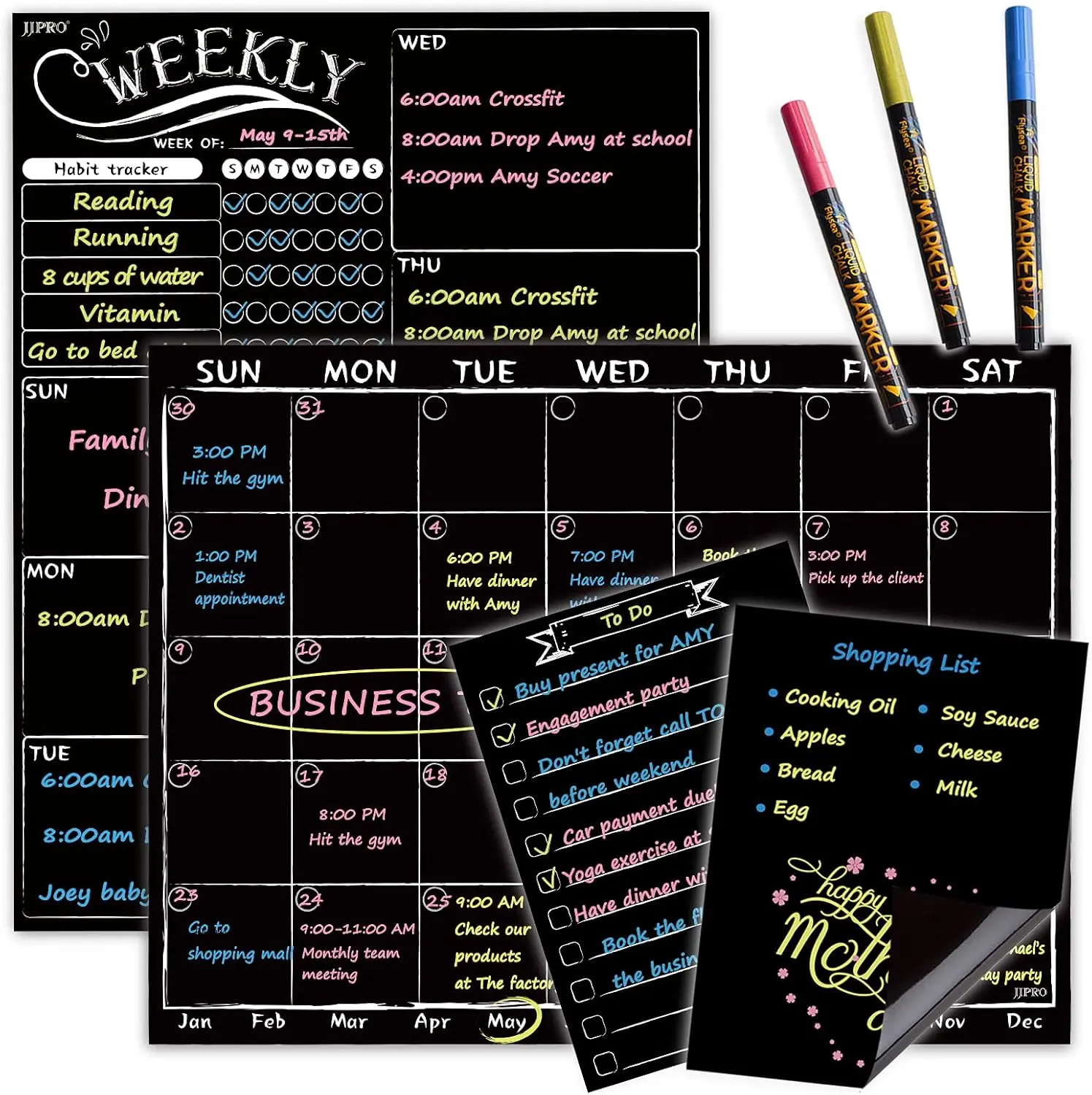 Magnetic Monthly-Weekly Combo Chalkboard Set for Family, Waterproof Erasable Office Stationery Film, Neon Liquid Chalk Markers, Custom Color & Planning Options, Easy Writing & Cleaning, Bonus Fridge Grocery List & Notepad, Chore Tracking Tool