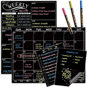 Magnetic Chalkboard Monthly Calendar - Weekly Planner Blackboard Combo Set w/Neon Bright Liquid Chalk Markers - Bonus Grocery List and Notepad Blackboard for Refrigerator Included
